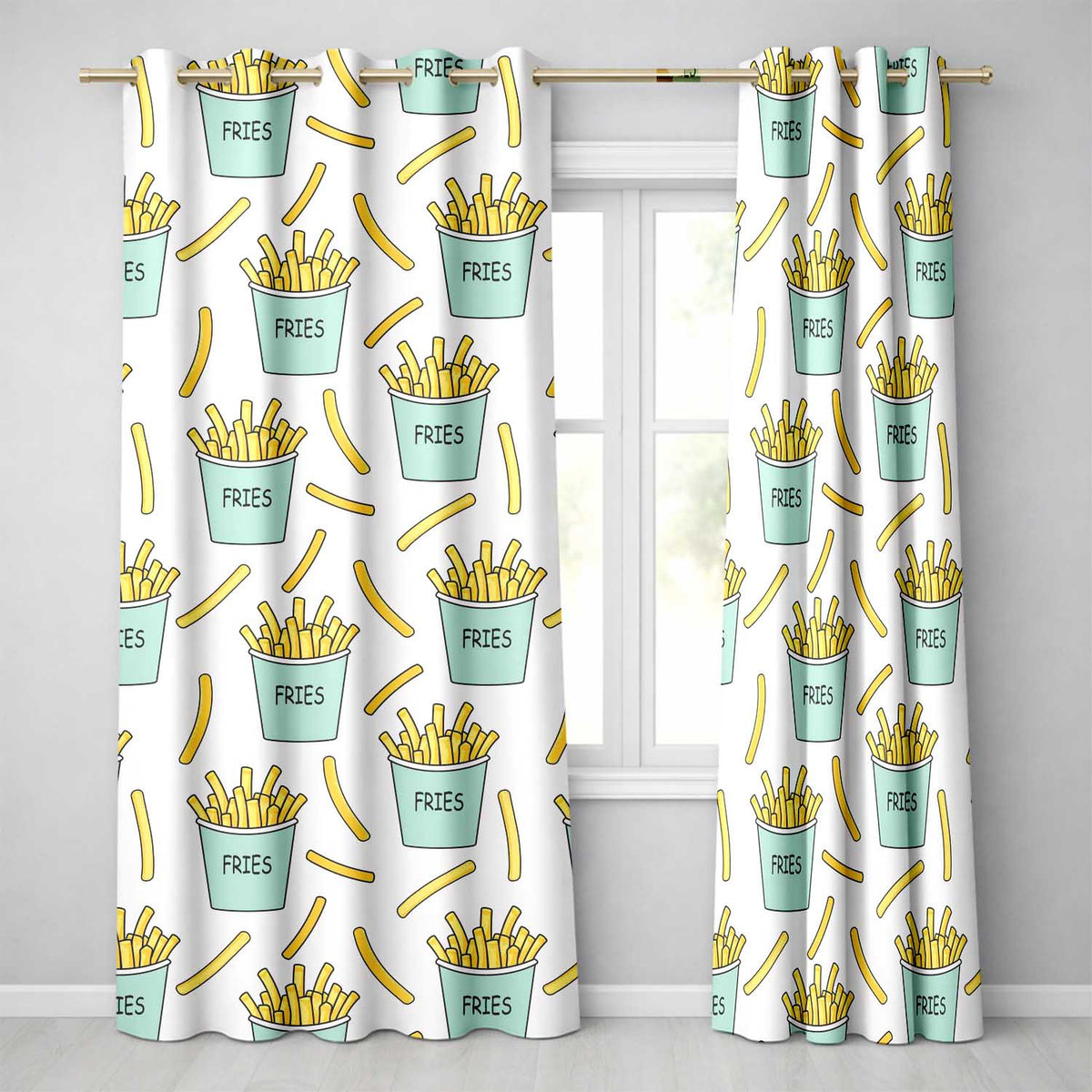 Cute French Fries Cartoon Snack Seamless Pattern Teal Cups Grey Background  Readymade Eyelet Ring Top Thermal 100% Blackout Curtains