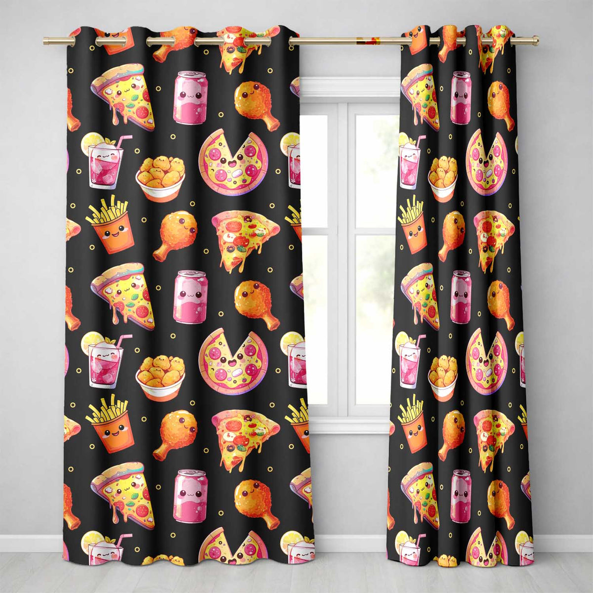 Cute Kawaii Fast Food Pizza Chicken Soda Black Background Seamless Pattern  Readymade Eyelet Ring Top Thermal 100% Blackout Curtains