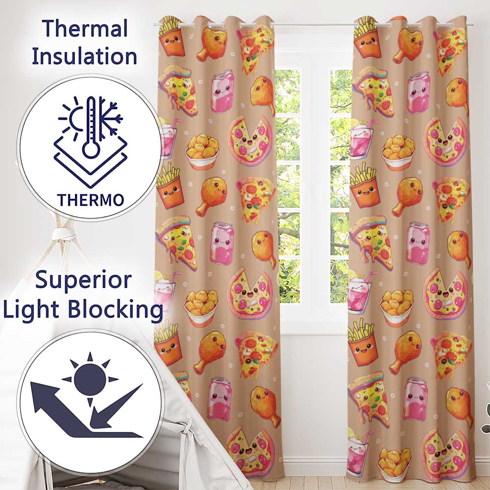 Cute Kawaii Fast Food Pizza Chicken Soda Peach Background Seamless Pattern  Readymade Eyelet Ring Top Thermal 100% Blackout Curtains
