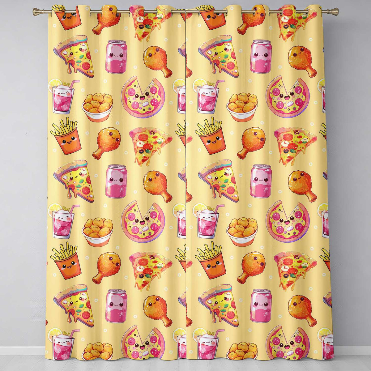 Cute Kawaii Fast Food Pizza Chicken Soda Yellow Background Seamless Pattern  Readymade Eyelet Ring Top Thermal 100% Blackout Curtains