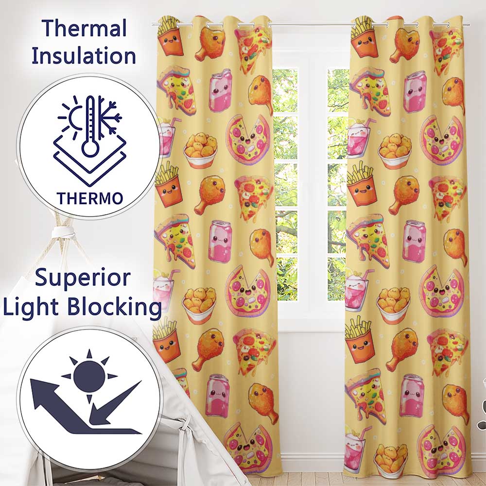 Cute Kawaii Fast Food Pizza Chicken Soda Yellow Background Seamless Pattern  Readymade Eyelet Ring Top Thermal 100% Blackout Curtains