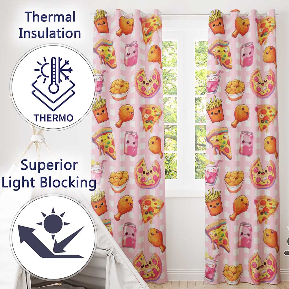 Cute Kawaii Fast Food Pizza Chicken Soda Pink Gingham Background Seamless Pattern Readymade Eyelet Ring Top Thermal 100% Blackout Curtains