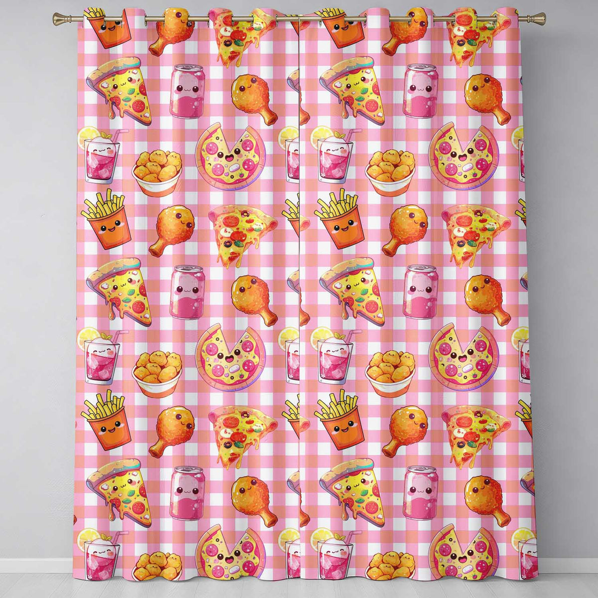 Cute Kawaii Fast Food Pizza Chicken Soda Red Gingham Background Seamless Pattern Readymade Eyelet Ring Top Thermal 100% Blackout Curtains