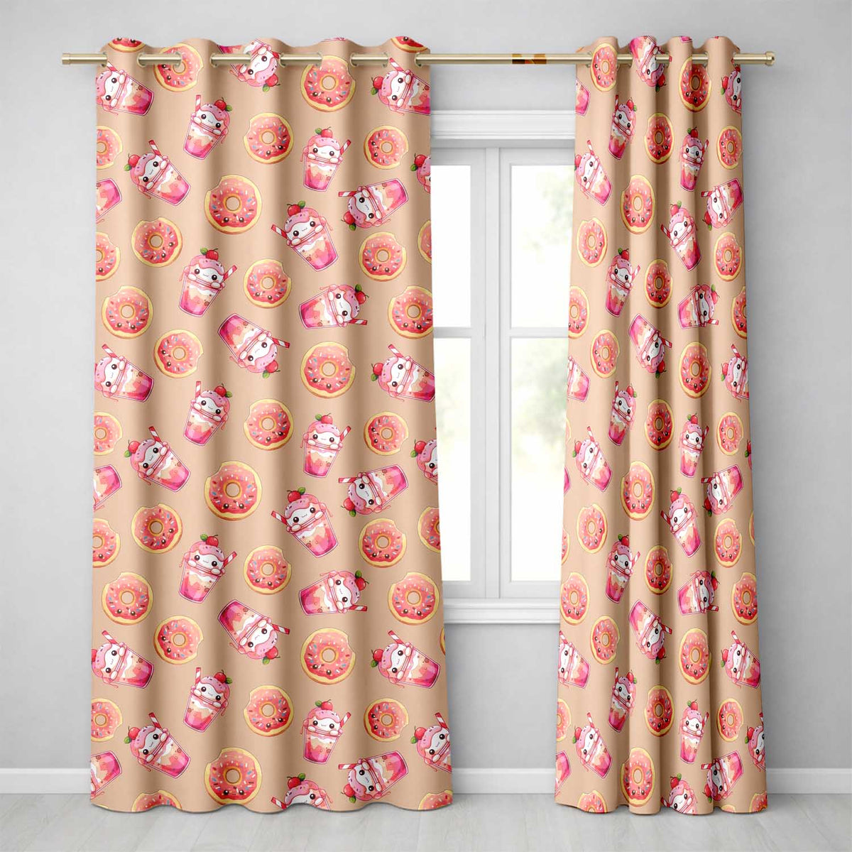 Cute Kawaii Donuts and Strawberry Milkshake Peach Background Seamless Pattern  Readymade Eyelet Ring Top Thermal 100% Blackout Curtains