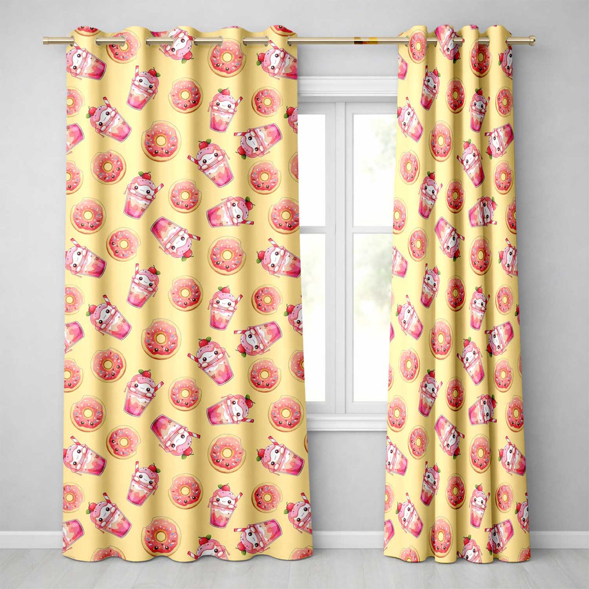 Cute Kawaii Donuts and Strawberry Milkshake Yellow Background Seamless Pattern  Readymade Eyelet Ring Top Thermal 100% Blackout Curtains