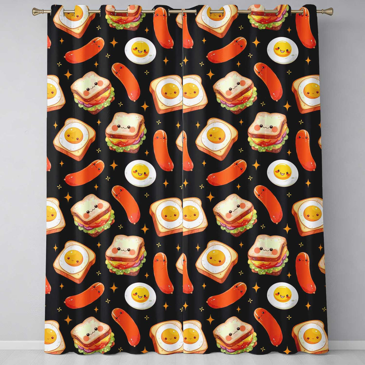 Kawaii Breakfast Eggs Sausage and Sandwich Black  Seamless Pattern  Readymade Eyelet Ring Top Thermal 100% Blackout Curtains