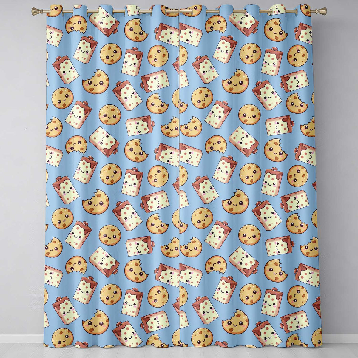 Cute Kawaii Cookies and Chocolate Milk Carton Blue Background Seamless Pattern  Readymade Eyelet Ring Top Thermal 100% Blackout Curtains