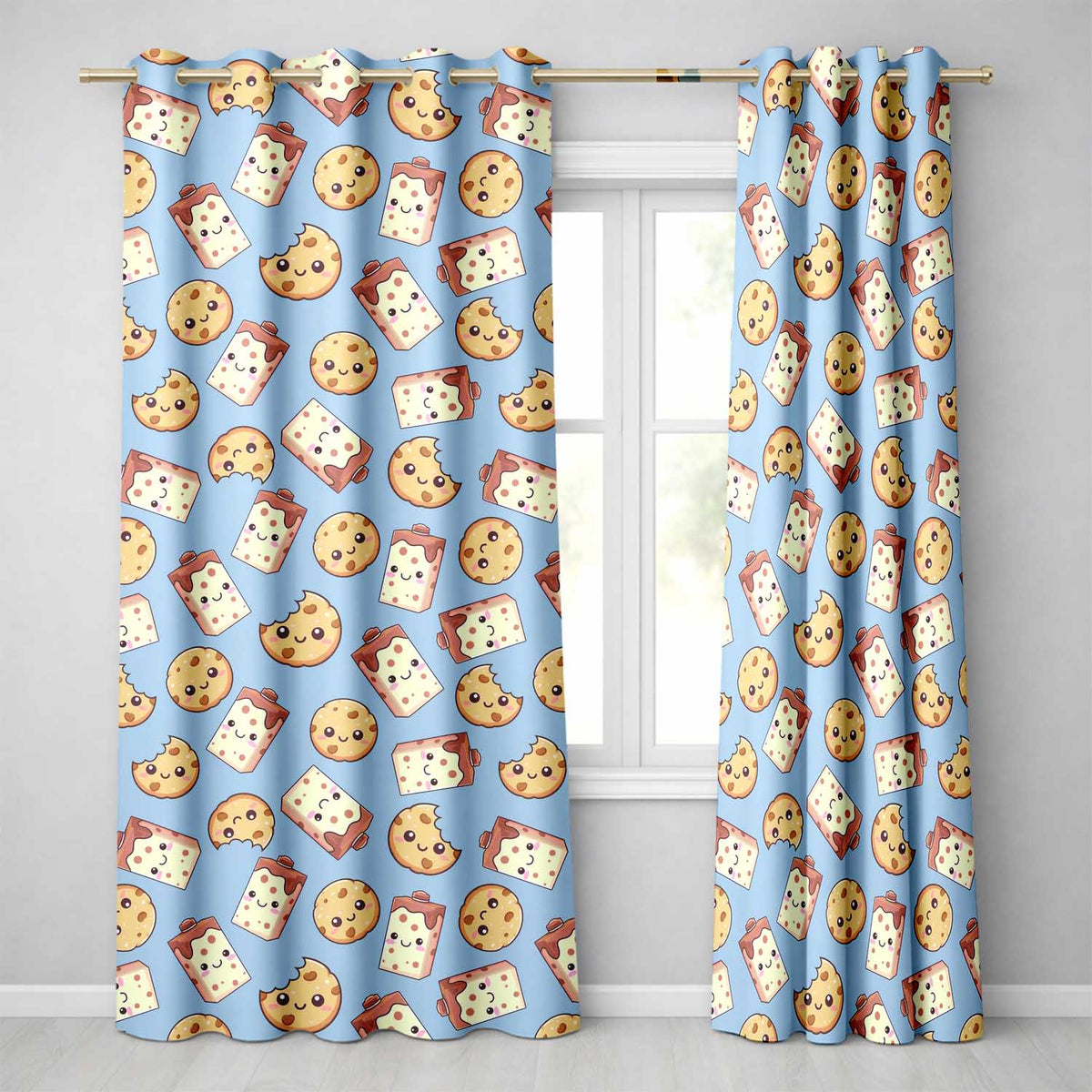 Cute Kawaii Cookies and Chocolate Milk Carton Blue Background Seamless Pattern  Readymade Eyelet Ring Top Thermal 100% Blackout Curtains