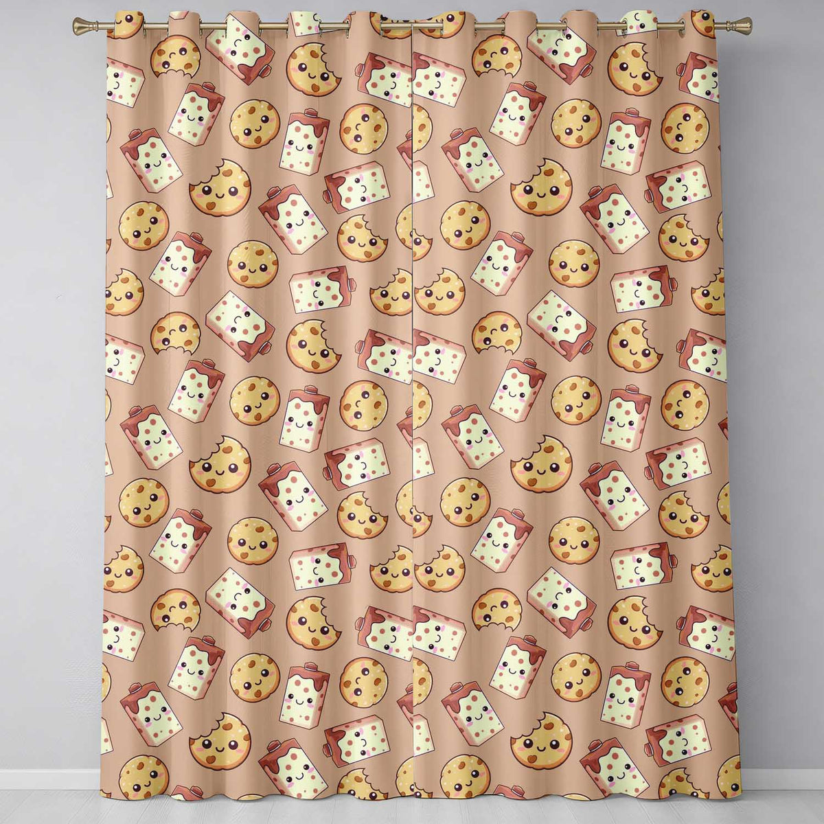 Cute Kawaii Cookies and Chocolate Milk Carton Brown Background Seamless Pattern  Readymade Eyelet Ring Top Thermal 100% Blackout Curtains