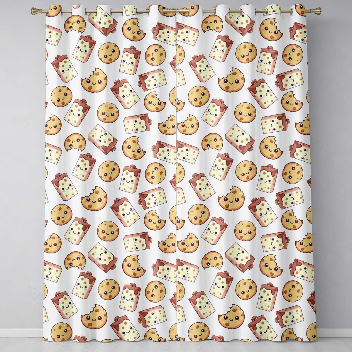 Cute Kawaii Cookies and Chocolate Milk Carton Grey Background Seamless Pattern  Readymade Eyelet Ring Top Thermal 100% Blackout Curtains