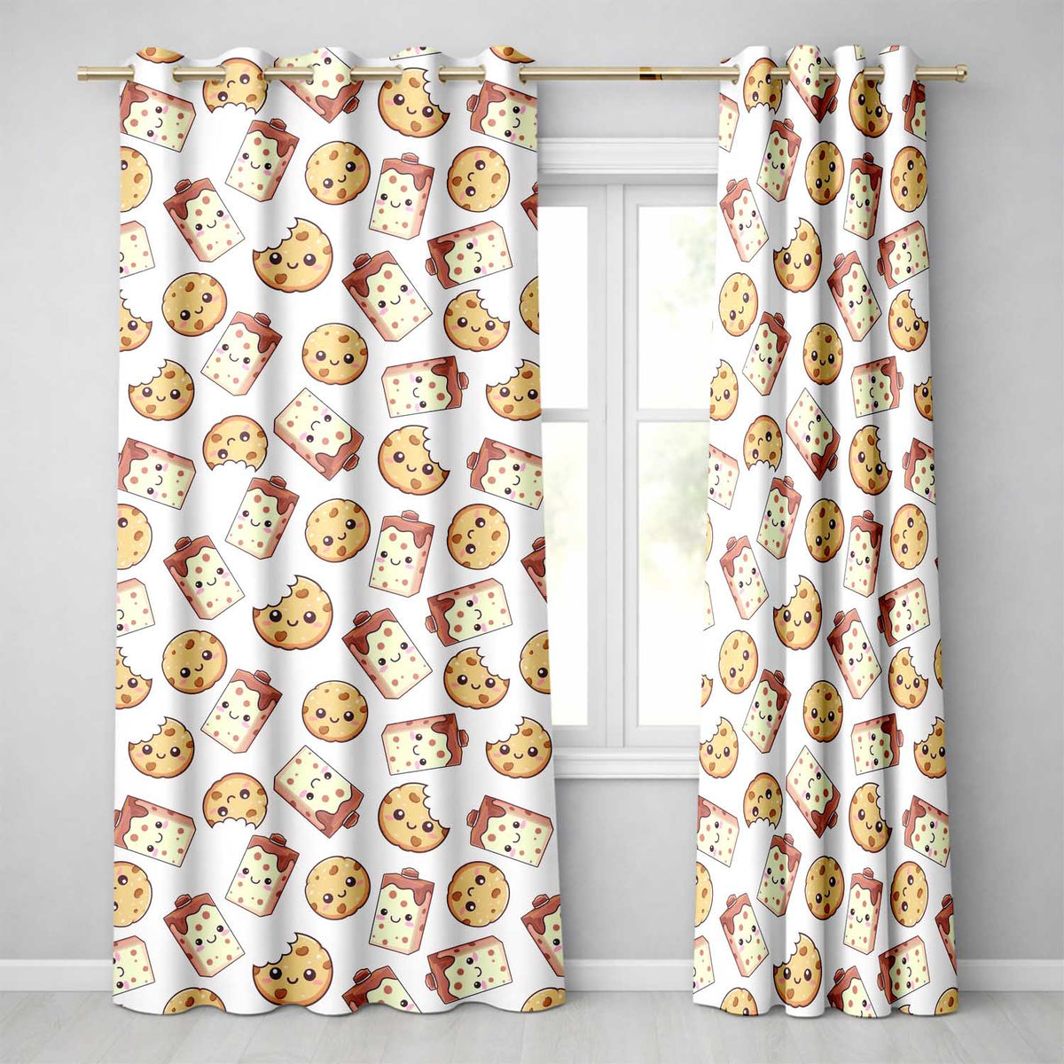 Cute Kawaii Cookies and Chocolate Milk Carton Grey Background Seamless Pattern  Readymade Eyelet Ring Top Thermal 100% Blackout Curtains