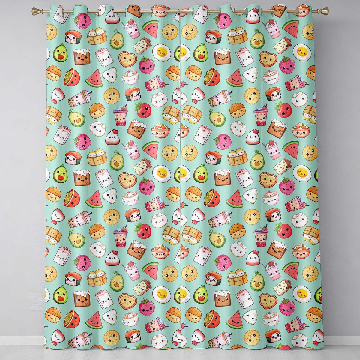 Cute Kawaii Food Characters on Mint Green Background Seamless Pattern  Readymade Eyelet Ring Top Thermal 100% Blackout Curtains