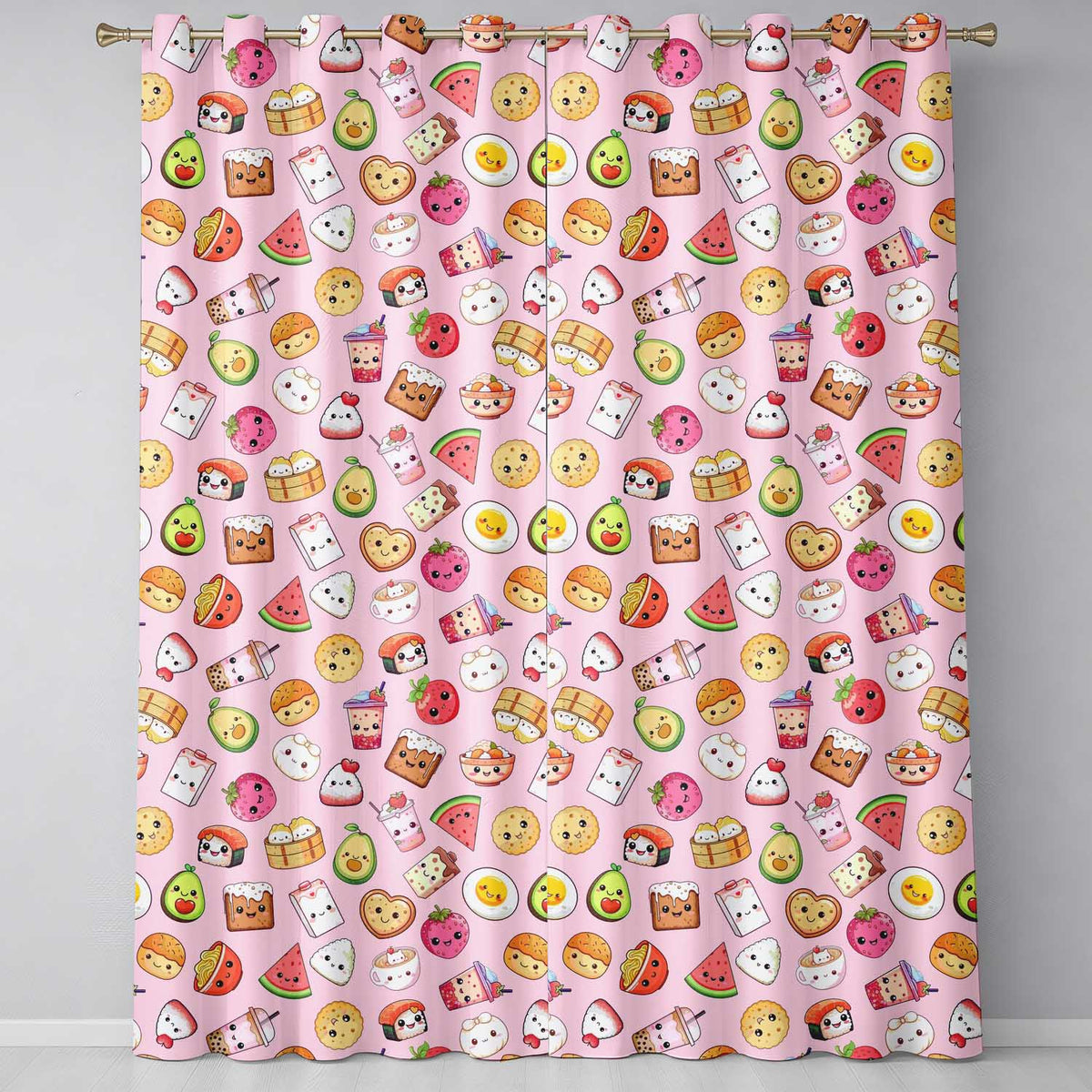 Cute Kawaii Food Characters on Light Pink Background Seamless Pattern  Readymade Eyelet Ring Top Thermal 100% Blackout Curtains