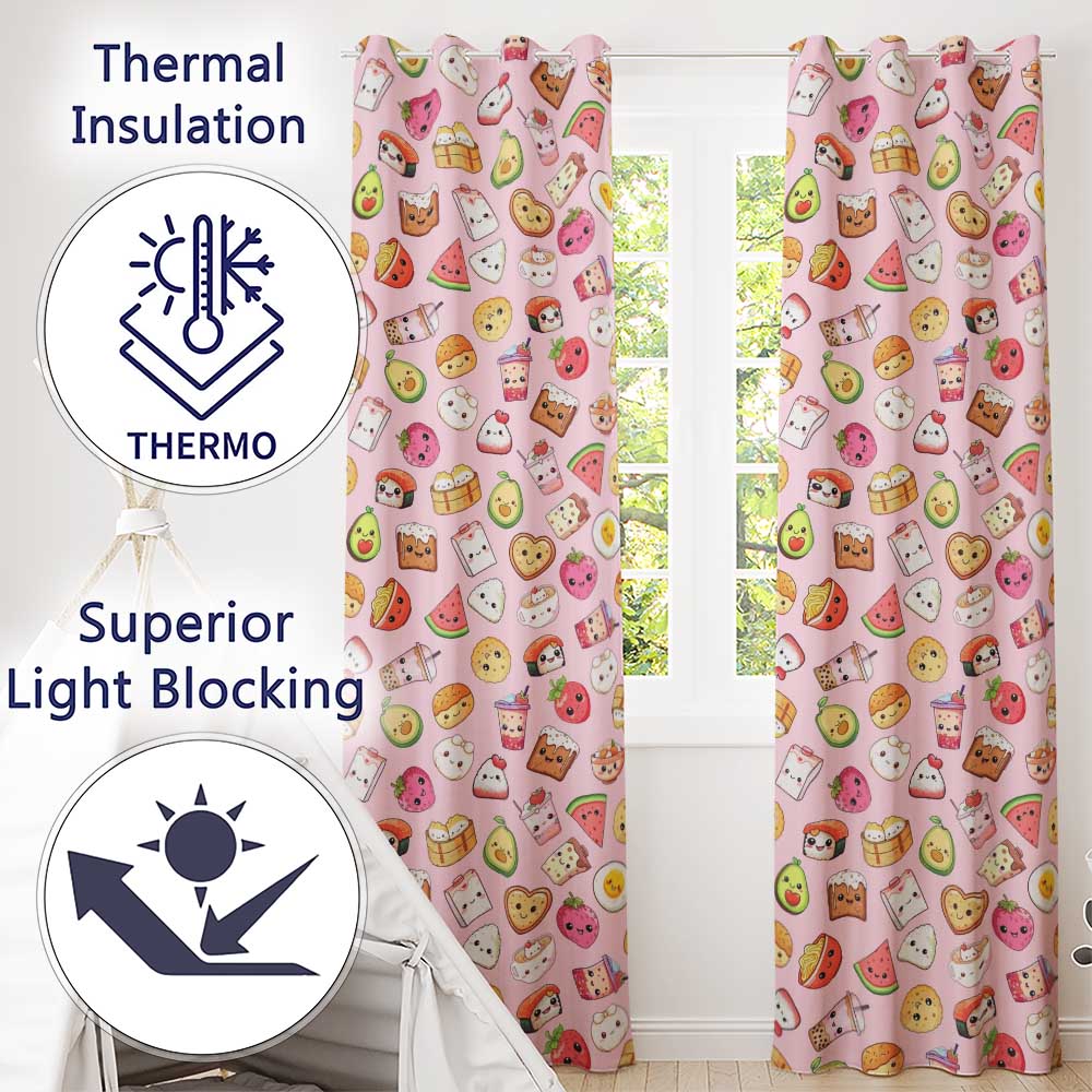 Cute Kawaii Food Characters on Light Pink Background Seamless Pattern  Readymade Eyelet Ring Top Thermal 100% Blackout Curtains