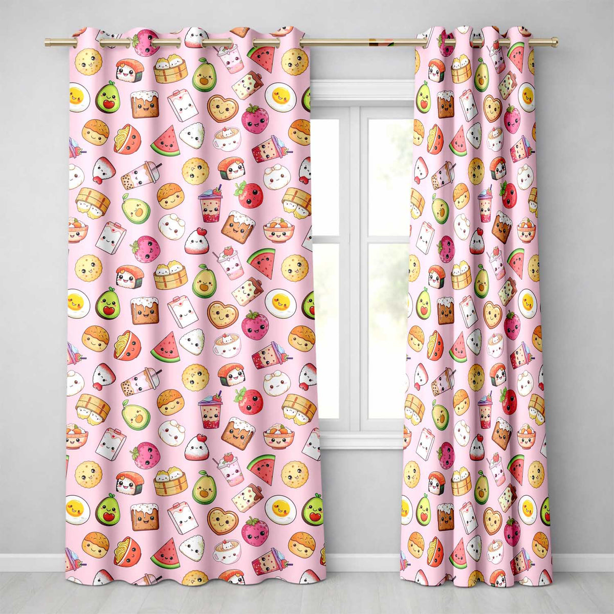 Cute Kawaii Food Characters on Light Pink Background Seamless Pattern  Readymade Eyelet Ring Top Thermal 100% Blackout Curtains