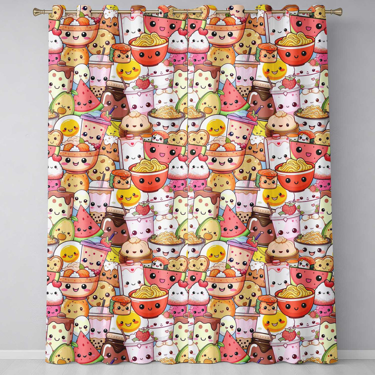 Cute Kawaii Food Collage Characters on Blue Background Seamless Pattern  Readymade Eyelet Ring Top Thermal 100% Blackout Curtains