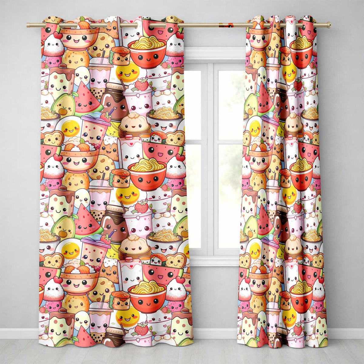 Cute Kawaii Food Collage Characters on Blue Background Seamless Pattern  Readymade Eyelet Ring Top Thermal 100% Blackout Curtains