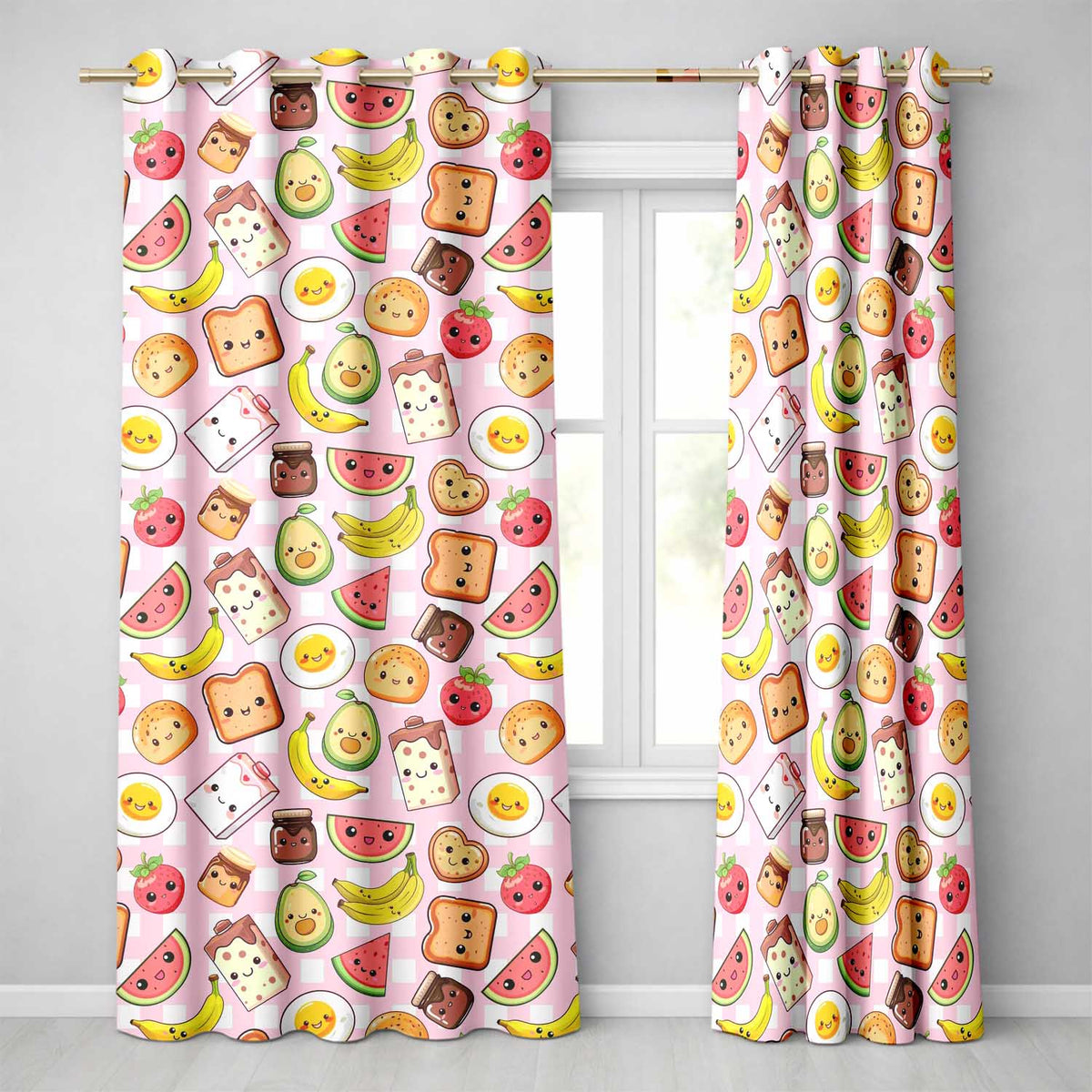 Cute Kawaii Breakfast Food Characters on Pink Check Background Seamless Pattern  Readymade Eyelet Ring Top Thermal 100% Blackout Curtains
