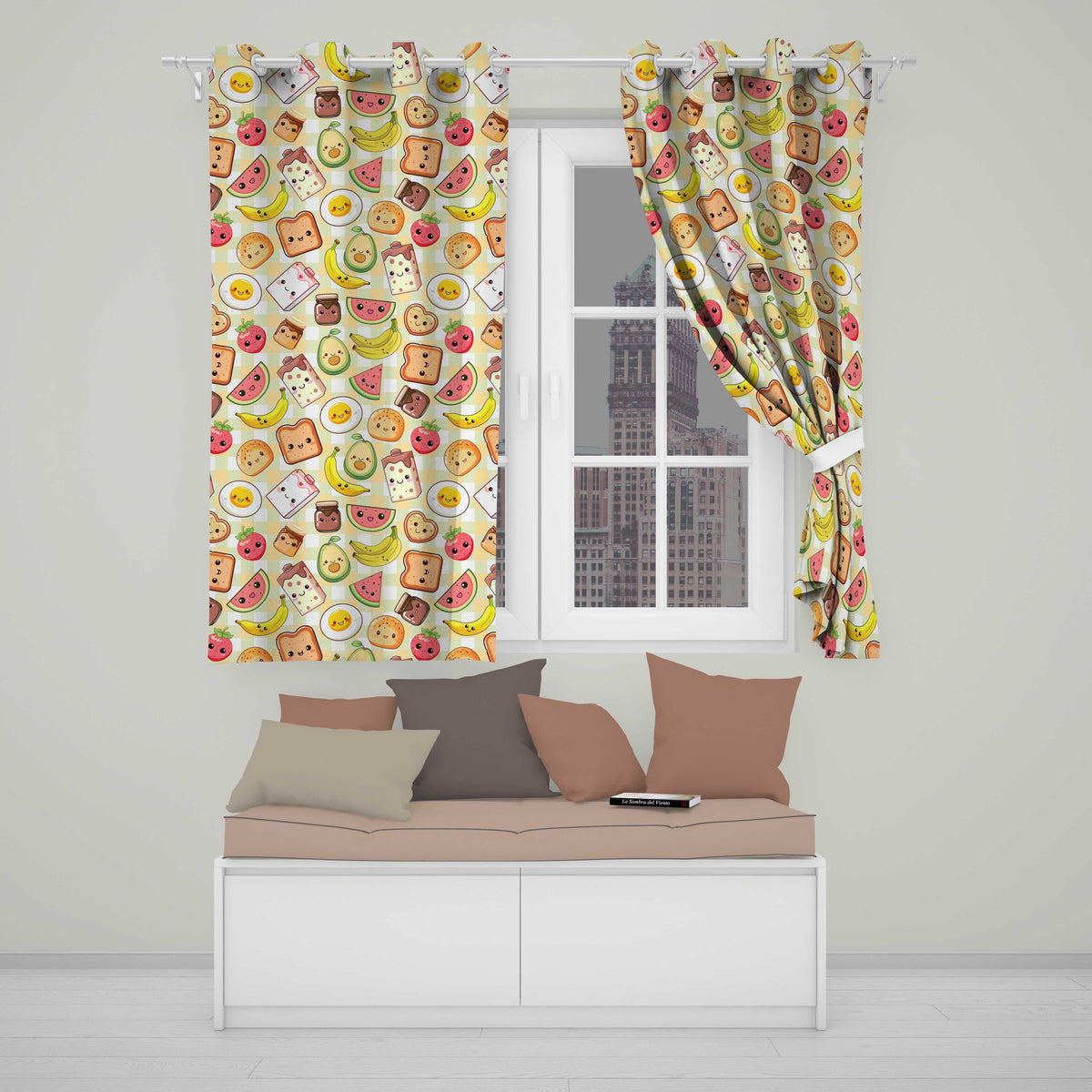 Kawaii Breakfast Food Characters on Yellow Check  Seamless Pattern  Readymade Eyelet Ring Top Thermal 100% Blackout Curtains