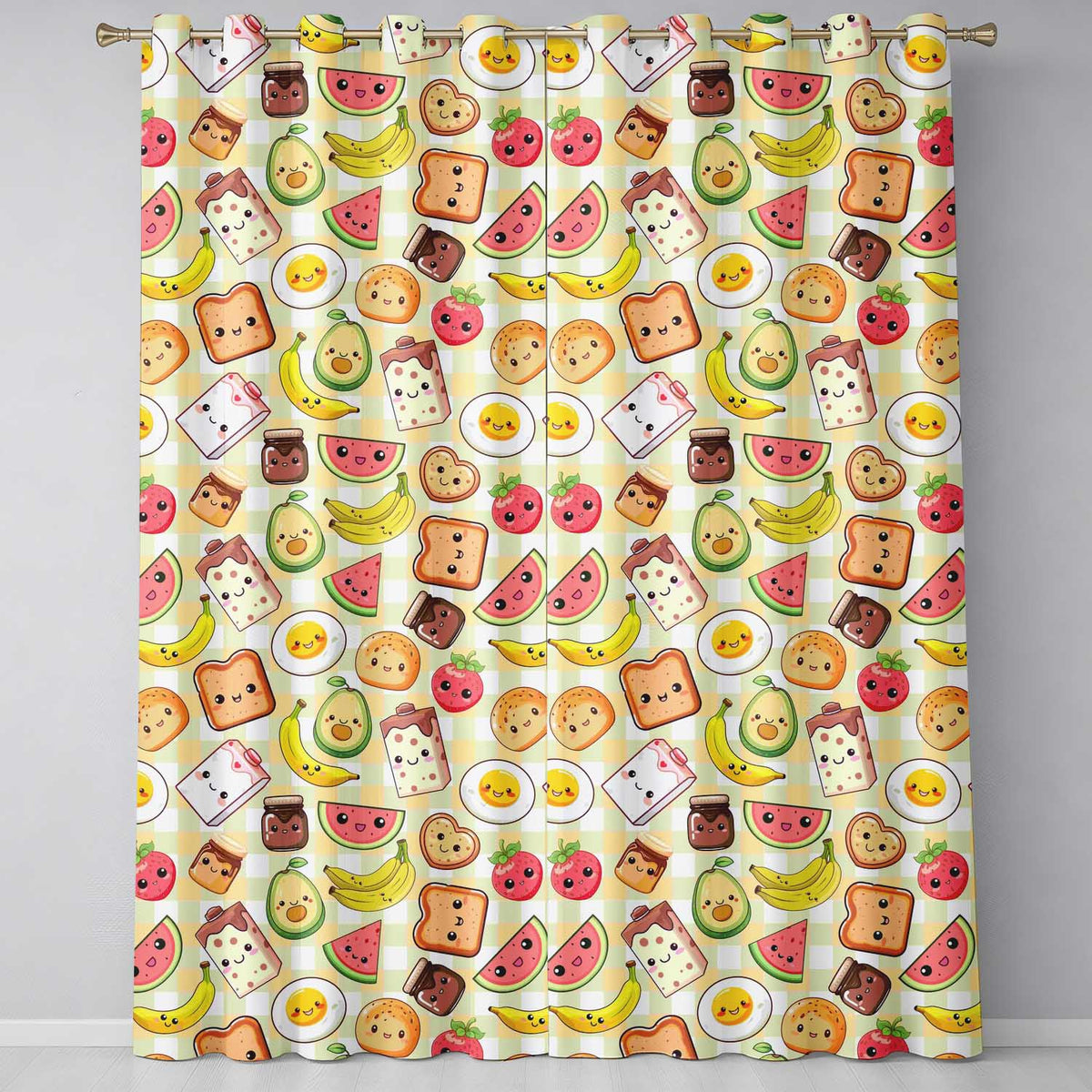 Kawaii Breakfast Food Characters on Yellow Check  Seamless Pattern  Readymade Eyelet Ring Top Thermal 100% Blackout Curtains
