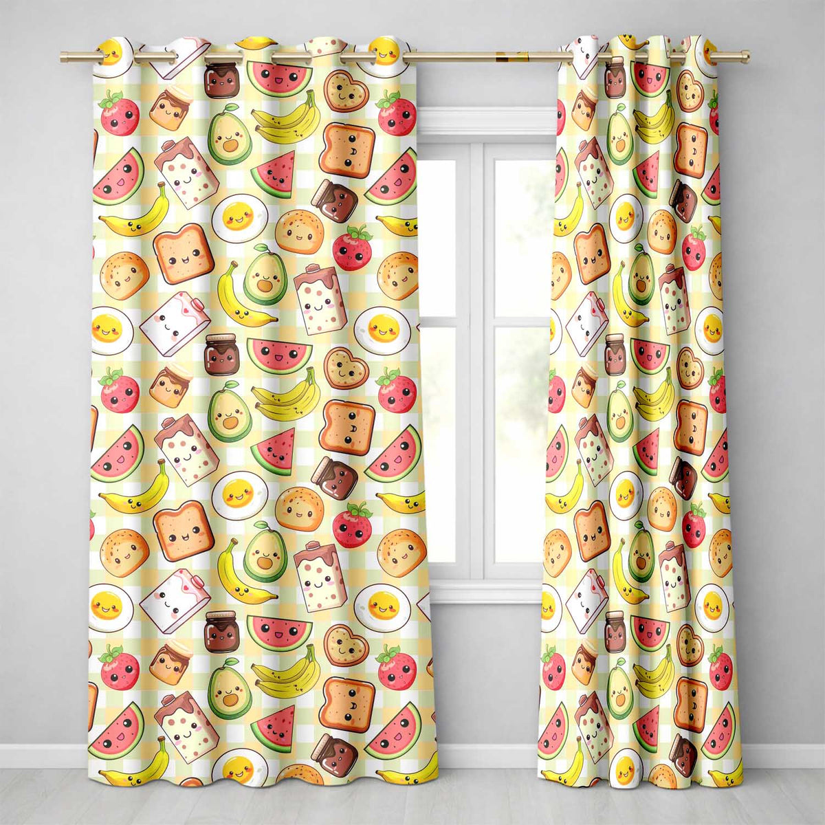 Kawaii Breakfast Food Characters on Yellow Check  Seamless Pattern  Readymade Eyelet Ring Top Thermal 100% Blackout Curtains