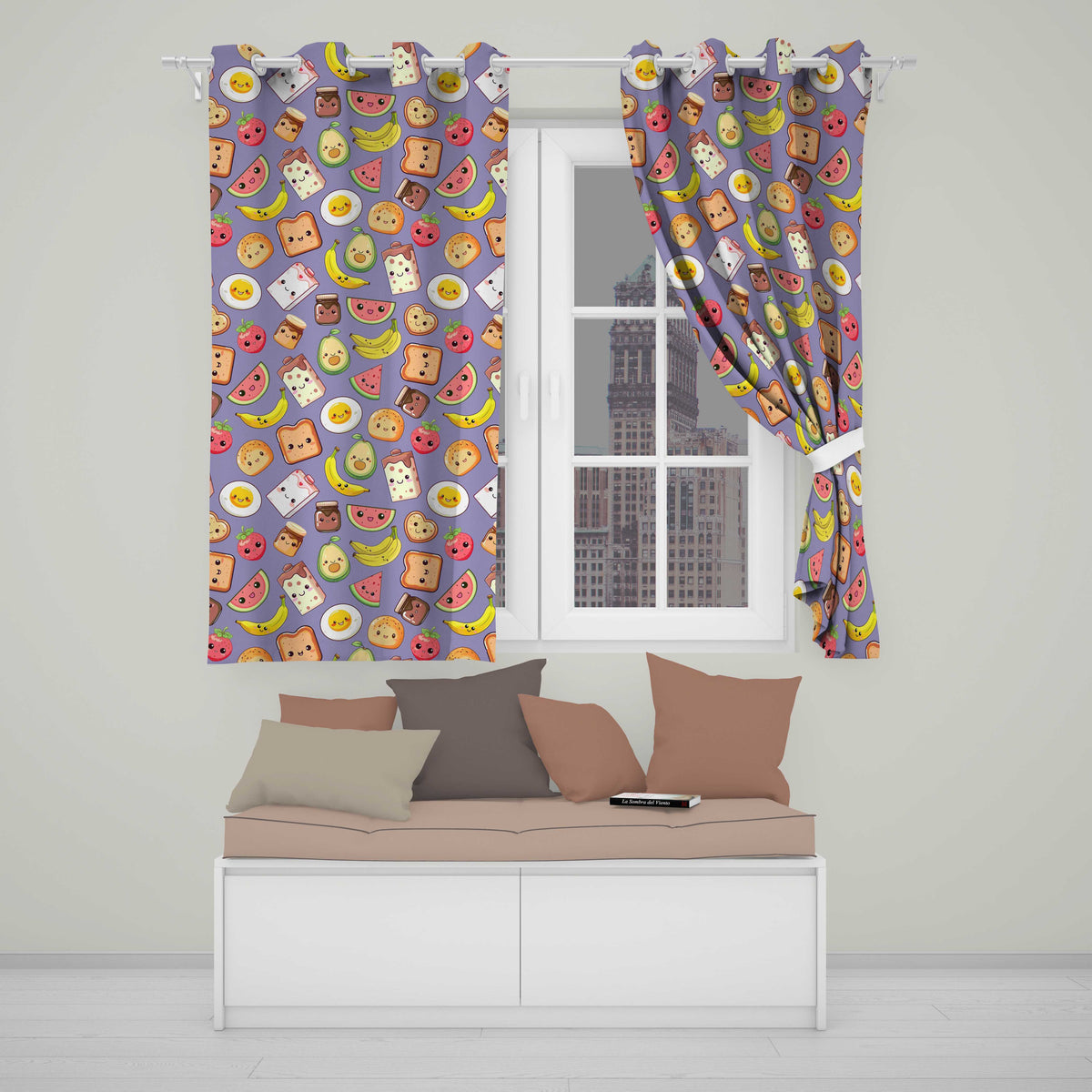 Cute Kawaii Breakfast Food Characters on Purple Background Seamless Pattern  Readymade Eyelet Ring Top Thermal 100% Blackout Curtains
