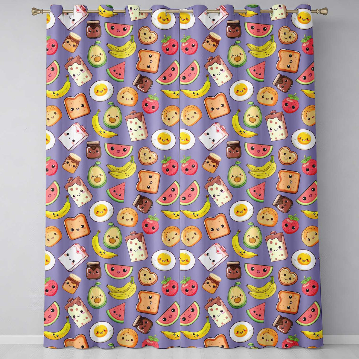 Cute Kawaii Breakfast Food Characters on Purple Background Seamless Pattern  Readymade Eyelet Ring Top Thermal 100% Blackout Curtains