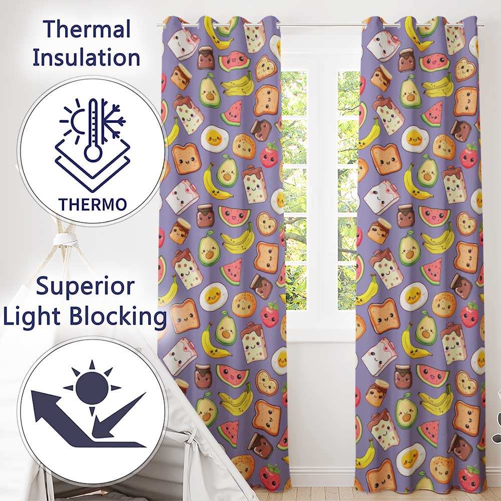 Cute Kawaii Breakfast Food Characters on Purple Background Seamless Pattern  Readymade Eyelet Ring Top Thermal 100% Blackout Curtains