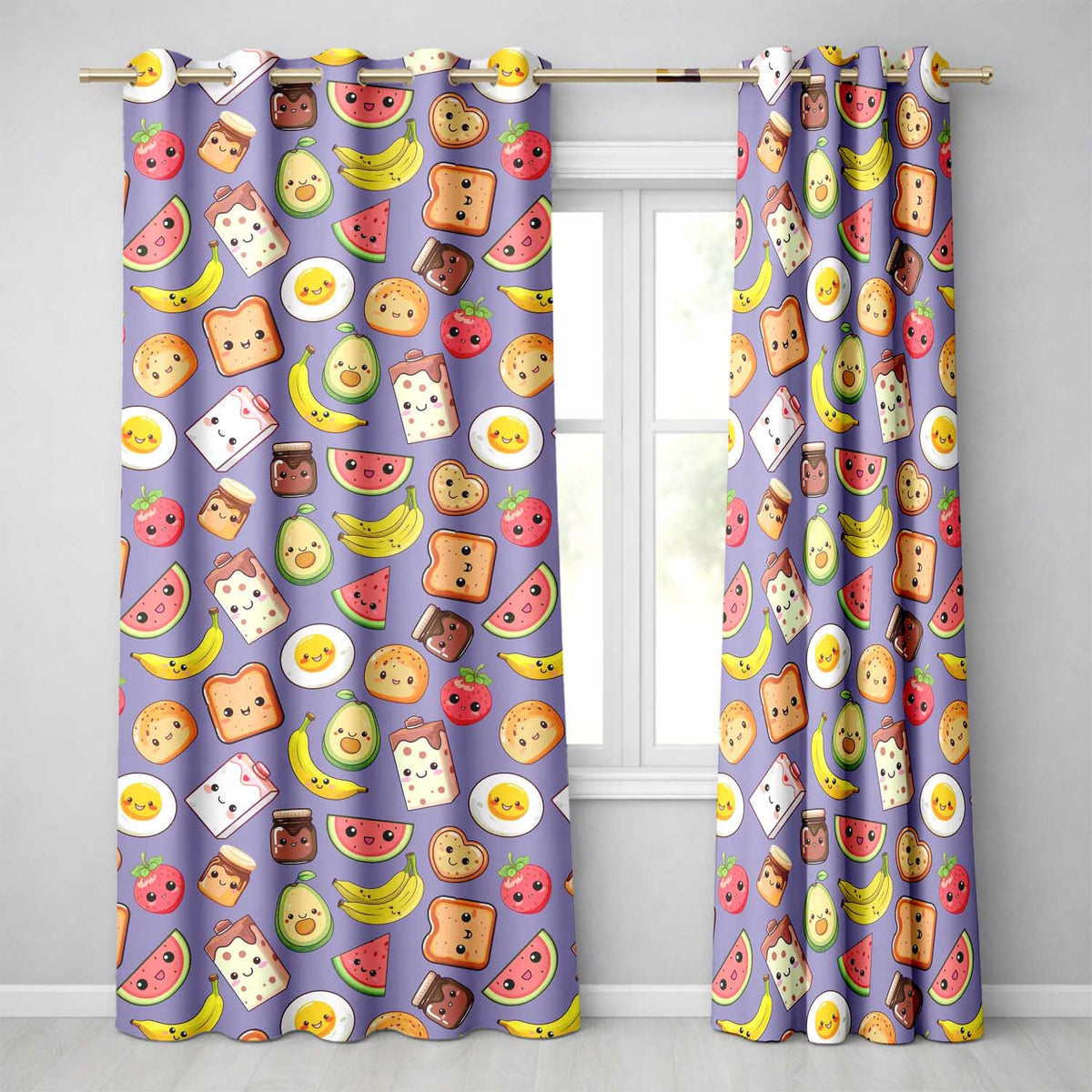 Cute Kawaii Breakfast Food Characters on Purple Background Seamless Pattern  Readymade Eyelet Ring Top Thermal 100% Blackout Curtains