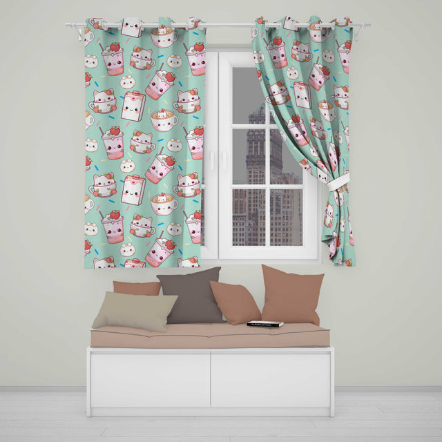 Cute Kawaii Strawberry Drinks and Cat Cups on Teal Background Seamless Pattern  Readymade Eyelet Ring Top Thermal 100% Blackout Curtains