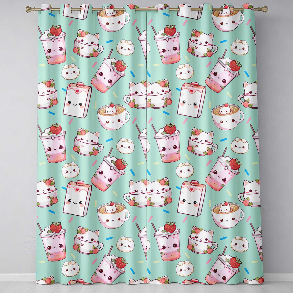 Cute Kawaii Strawberry Drinks and Cat Cups on Teal Background Seamless Pattern  Readymade Eyelet Ring Top Thermal 100% Blackout Curtains