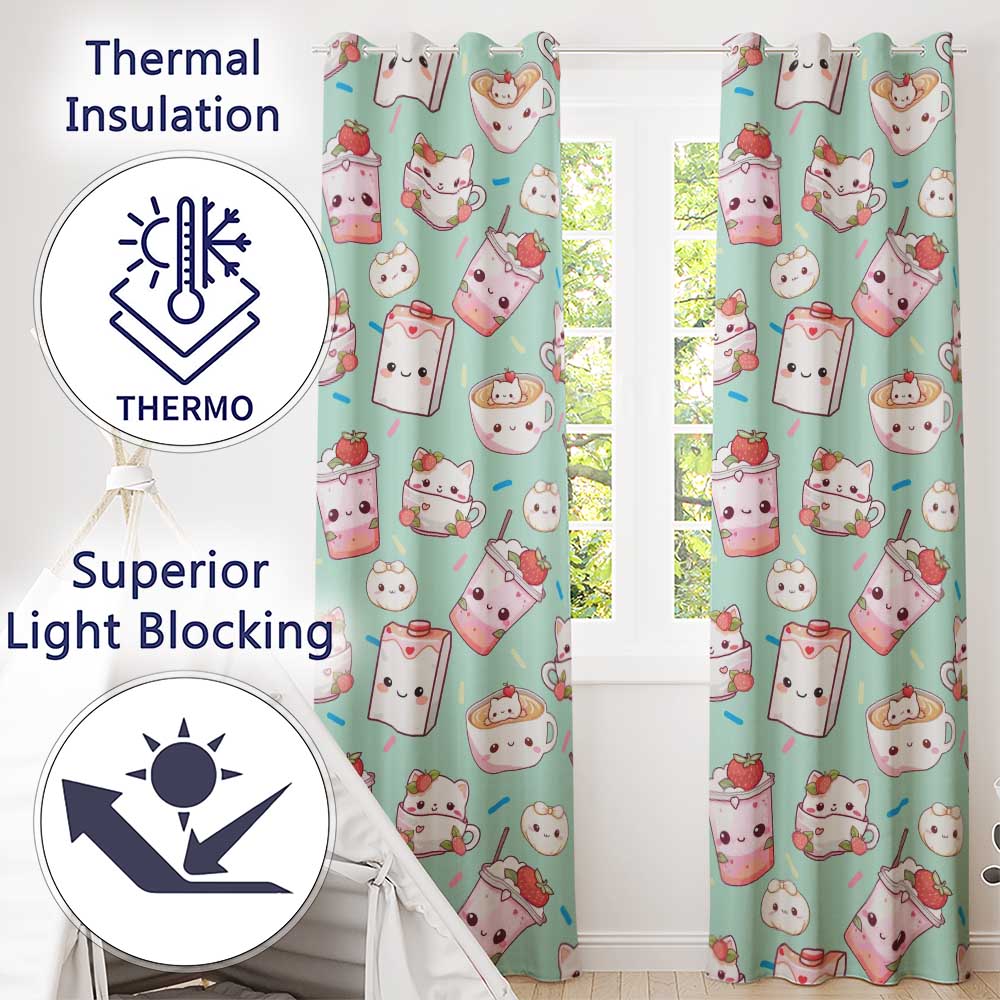 Cute Kawaii Strawberry Drinks and Cat Cups on Teal Background Seamless Pattern  Readymade Eyelet Ring Top Thermal 100% Blackout Curtains