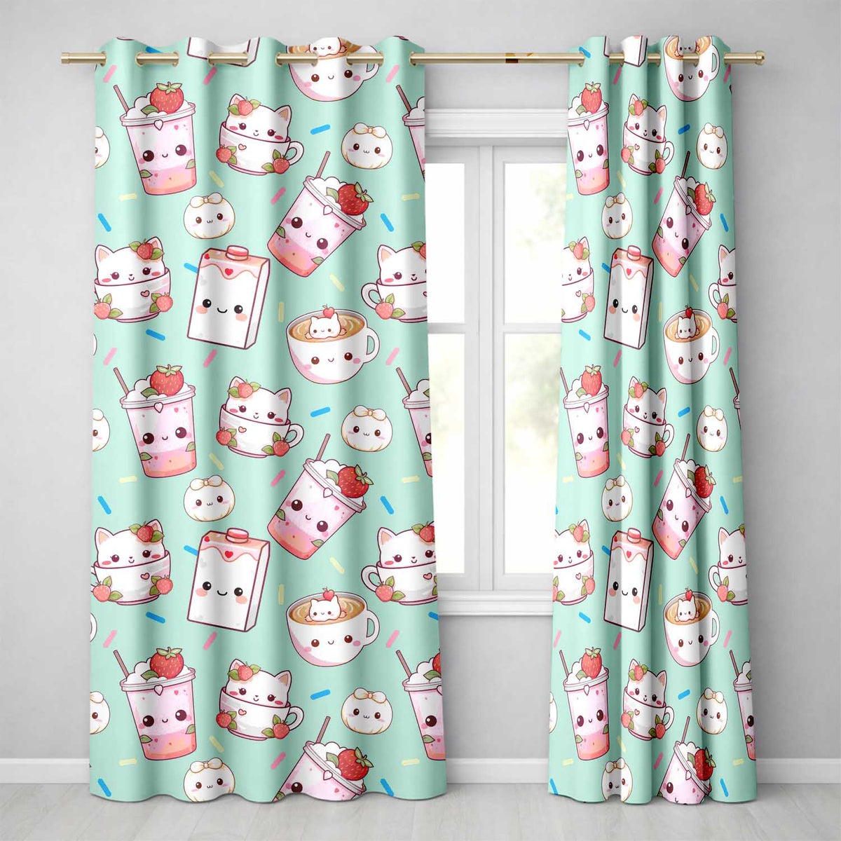 Cute Kawaii Strawberry Drinks and Cat Cups on Teal Background Seamless Pattern  Readymade Eyelet Ring Top Thermal 100% Blackout Curtains