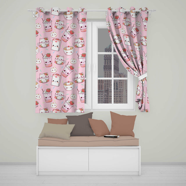 Kawaii Strawberry Drinks and Cat Cups on Light Pink  Seamless Pattern  Readymade Eyelet Ring Top Thermal 100% Blackout Curtains