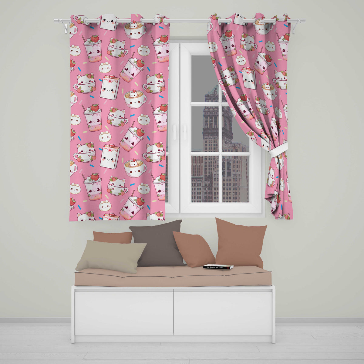 Cute Kawaii Strawberry Drinks and Cat Cups on Pink Background Seamless Pattern  Readymade Eyelet Ring Top Thermal 100% Blackout Curtains