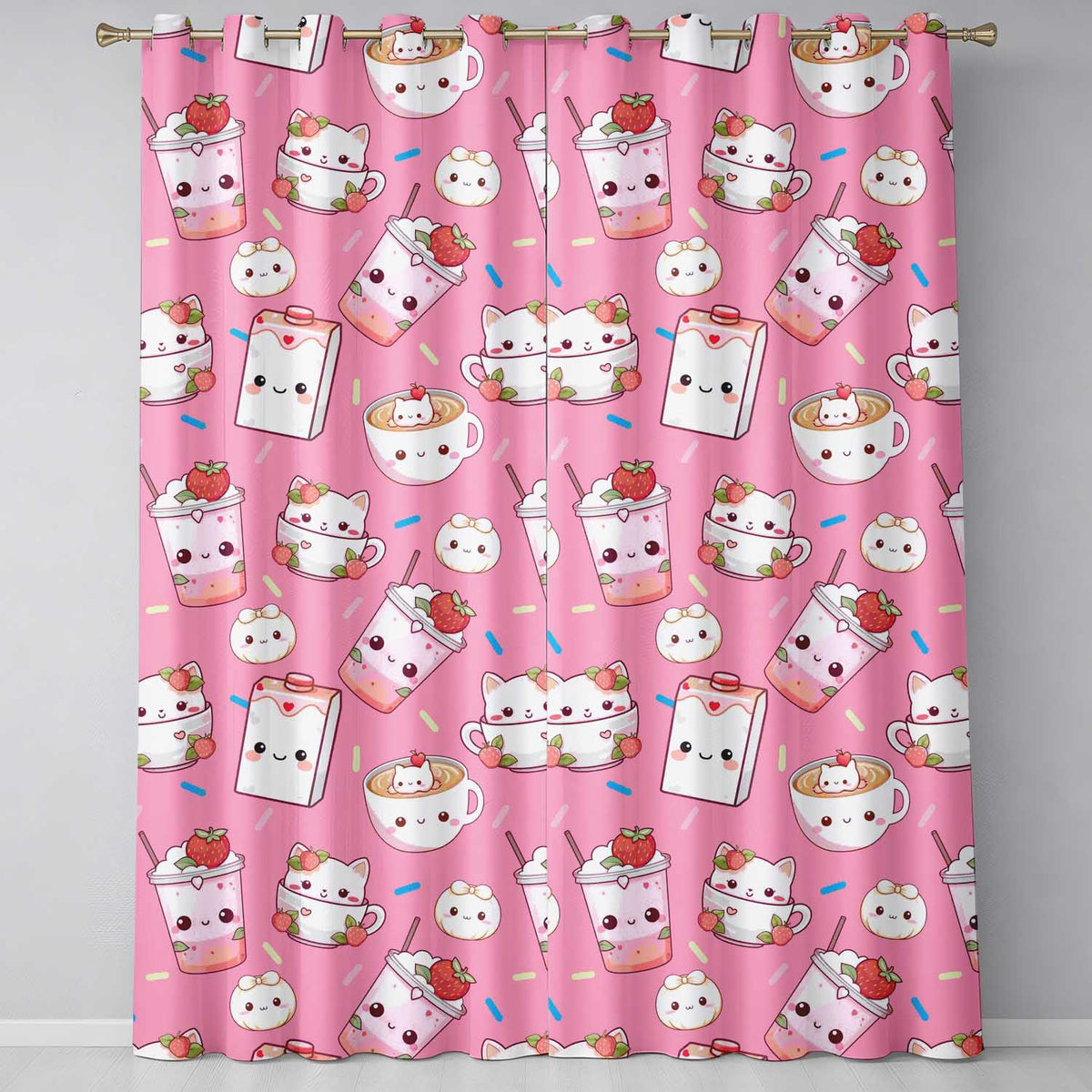 Cute Kawaii Strawberry Drinks and Cat Cups on Pink Background Seamless Pattern  Readymade Eyelet Ring Top Thermal 100% Blackout Curtains