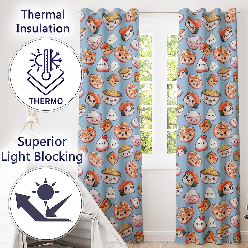 Cute Kawaii Sushi Rice Bowls and Noodles on Blue Background Seamless Pattern  Readymade Eyelet Ring Top Thermal 100% Blackout Curtains