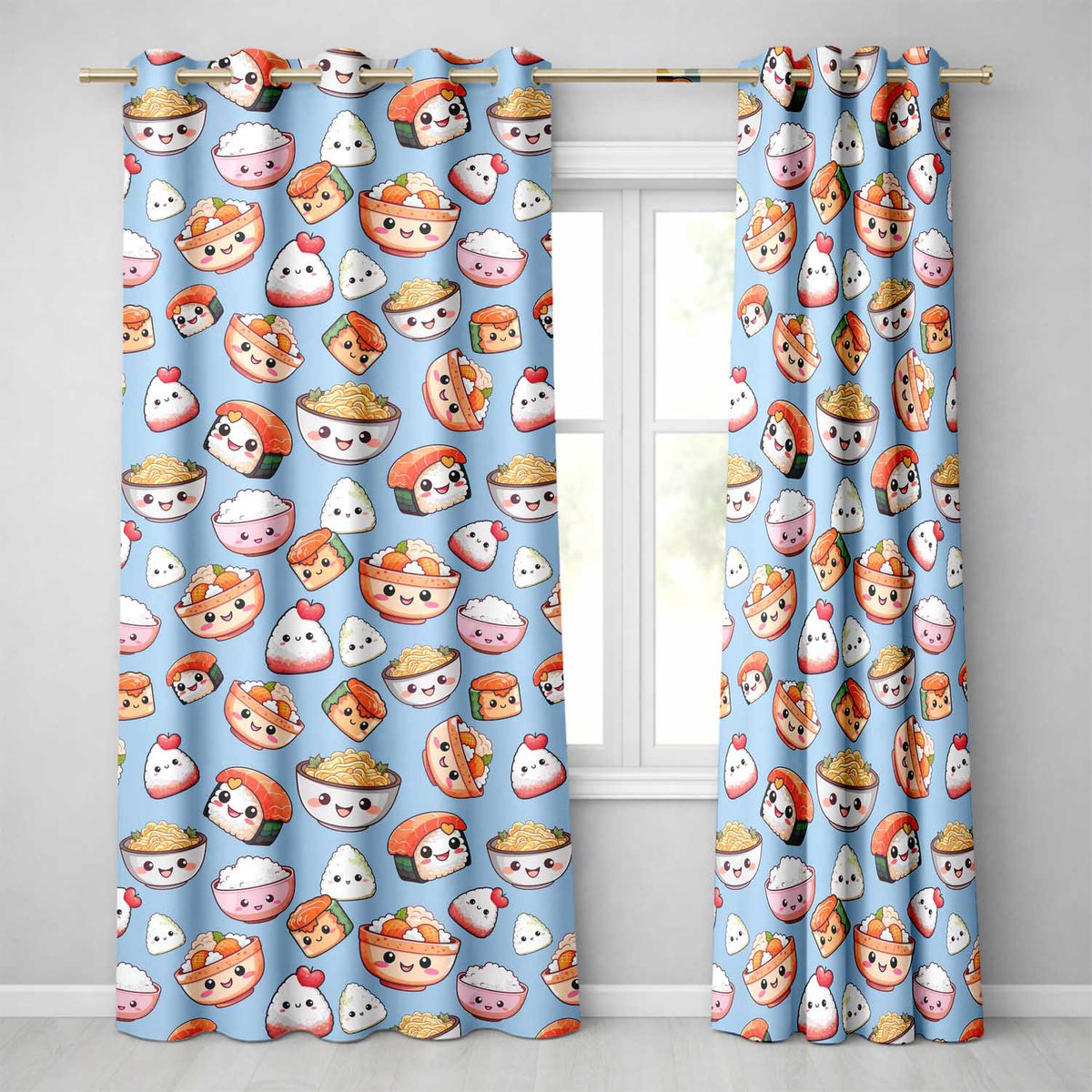 Cute Kawaii Sushi Rice Bowls and Noodles on Blue Background Seamless Pattern  Readymade Eyelet Ring Top Thermal 100% Blackout Curtains