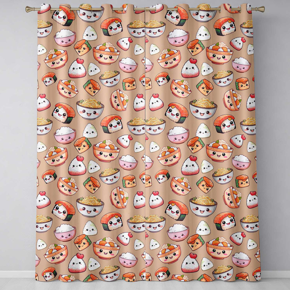 Cute Kawaii Sushi Rice Bowls and Noodles on Peach Background Seamless Pattern  Readymade Eyelet Ring Top Thermal 100% Blackout Curtains