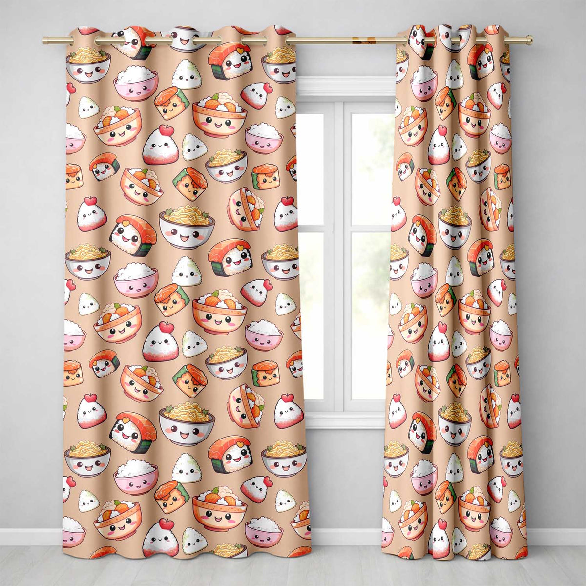 Cute Kawaii Sushi Rice Bowls and Noodles on Peach Background Seamless Pattern  Readymade Eyelet Ring Top Thermal 100% Blackout Curtains