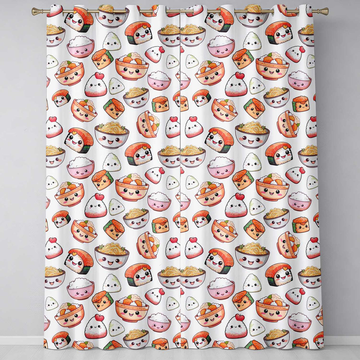 Cute Kawaii Sushi Rice Bowls and Noodles on White Background Seamless Pattern  Readymade Eyelet Ring Top Thermal 100% Blackout Curtains