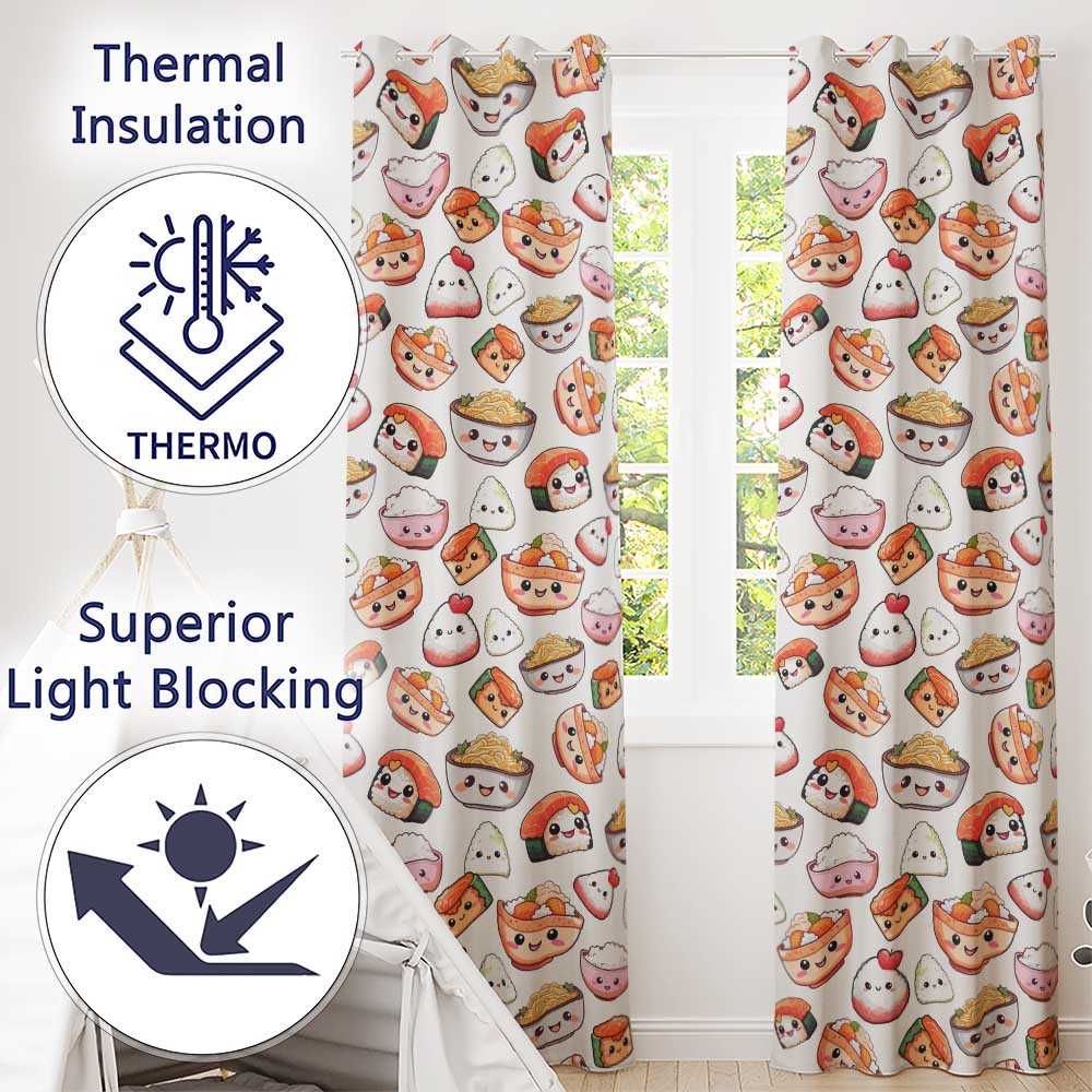 Cute Kawaii Sushi Rice Bowls and Noodles on White Background Seamless Pattern  Readymade Eyelet Ring Top Thermal 100% Blackout Curtains