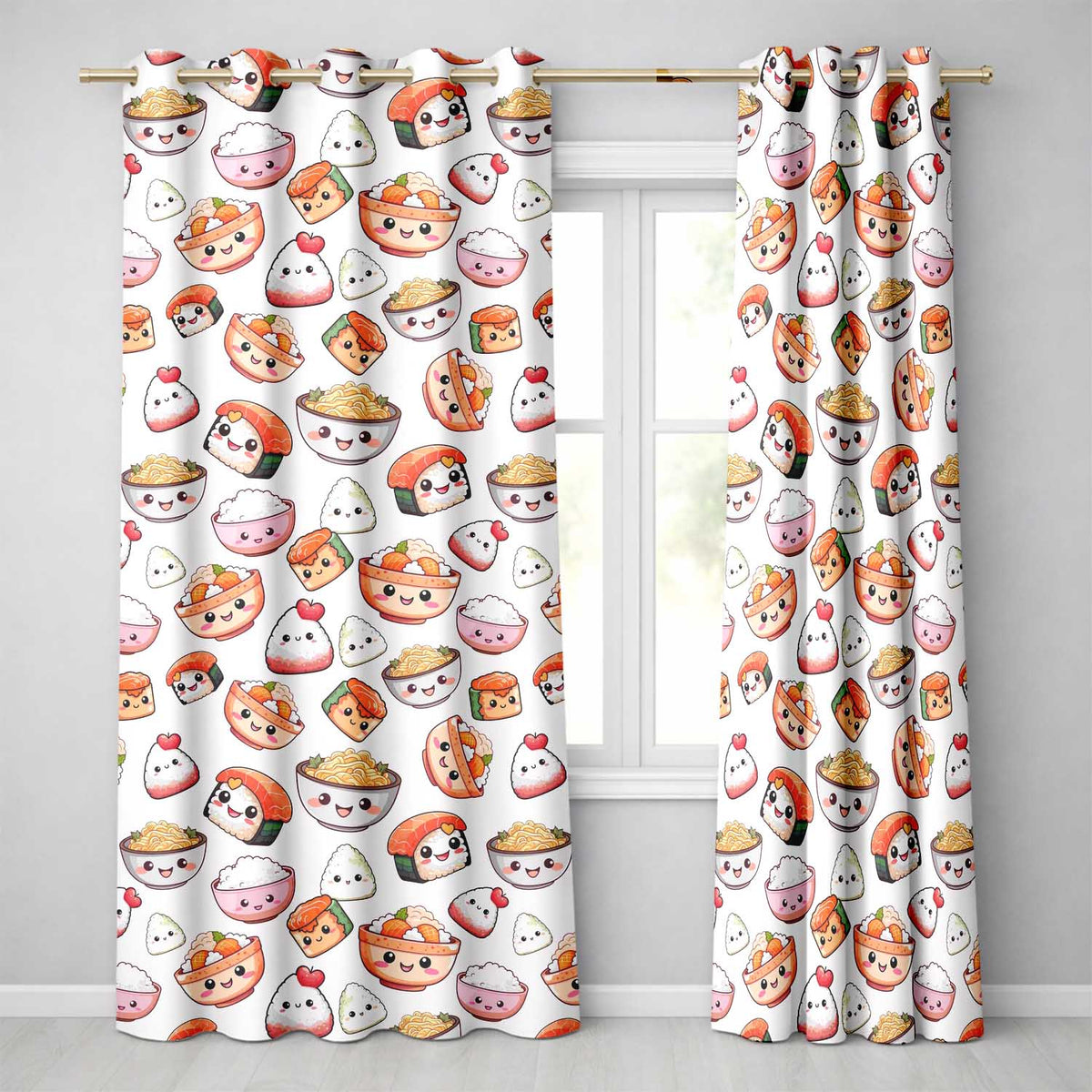 Cute Kawaii Sushi Rice Bowls and Noodles on White Background Seamless Pattern  Readymade Eyelet Ring Top Thermal 100% Blackout Curtains
