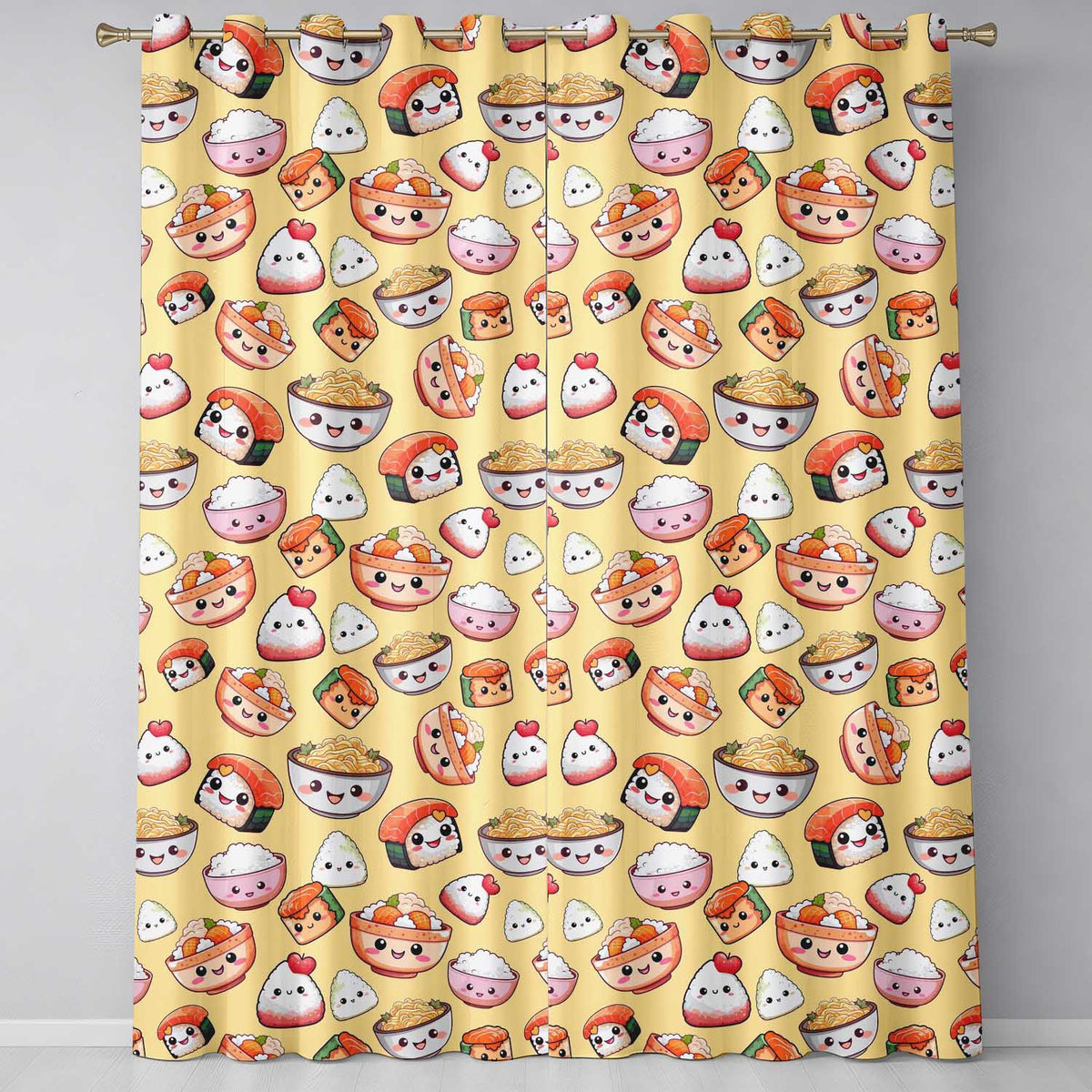 Cute Kawaii Sushi Rice Bowls and Noodles on Beige Background Seamless Pattern  Readymade Eyelet Ring Top Thermal 100% Blackout Curtains