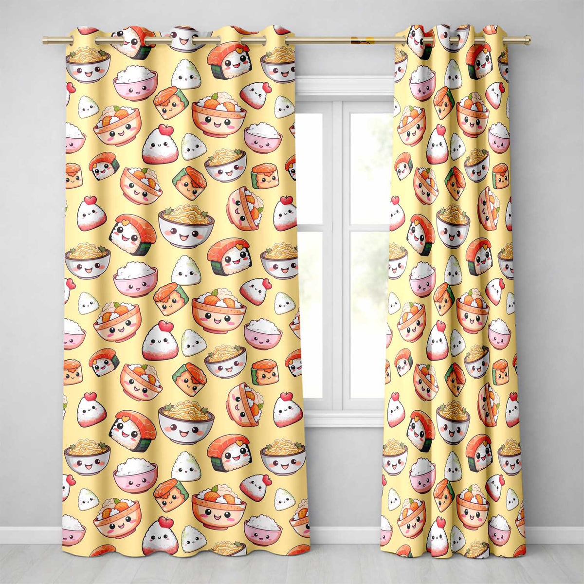 Cute Kawaii Sushi Rice Bowls and Noodles on Beige Background Seamless Pattern  Readymade Eyelet Ring Top Thermal 100% Blackout Curtains