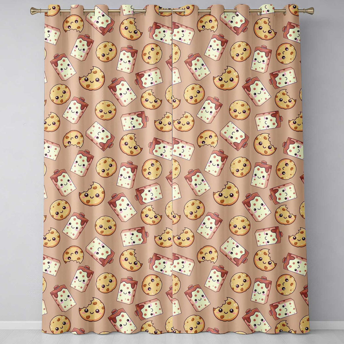 Cute Kawaii Cookies and Milk Cartons on Peach Background Seamless Pattern  Readymade Eyelet Ring Top Thermal 100% Blackout Curtains