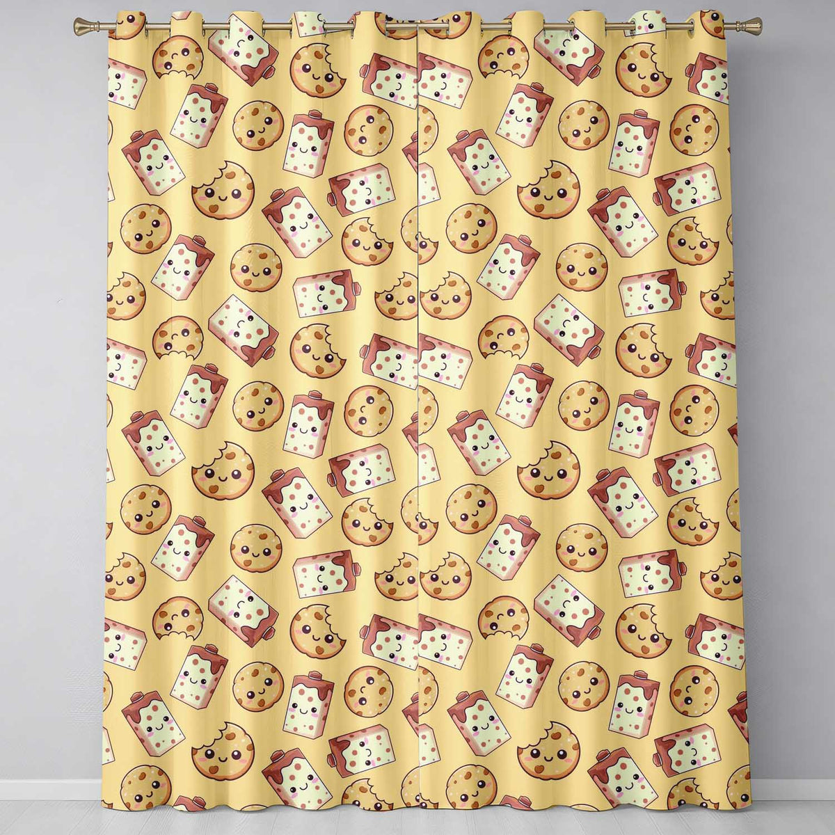 Cute Kawaii Cookies and Milk Cartons on Beige Background Seamless Pattern  Readymade Eyelet Ring Top Thermal 100% Blackout Curtains