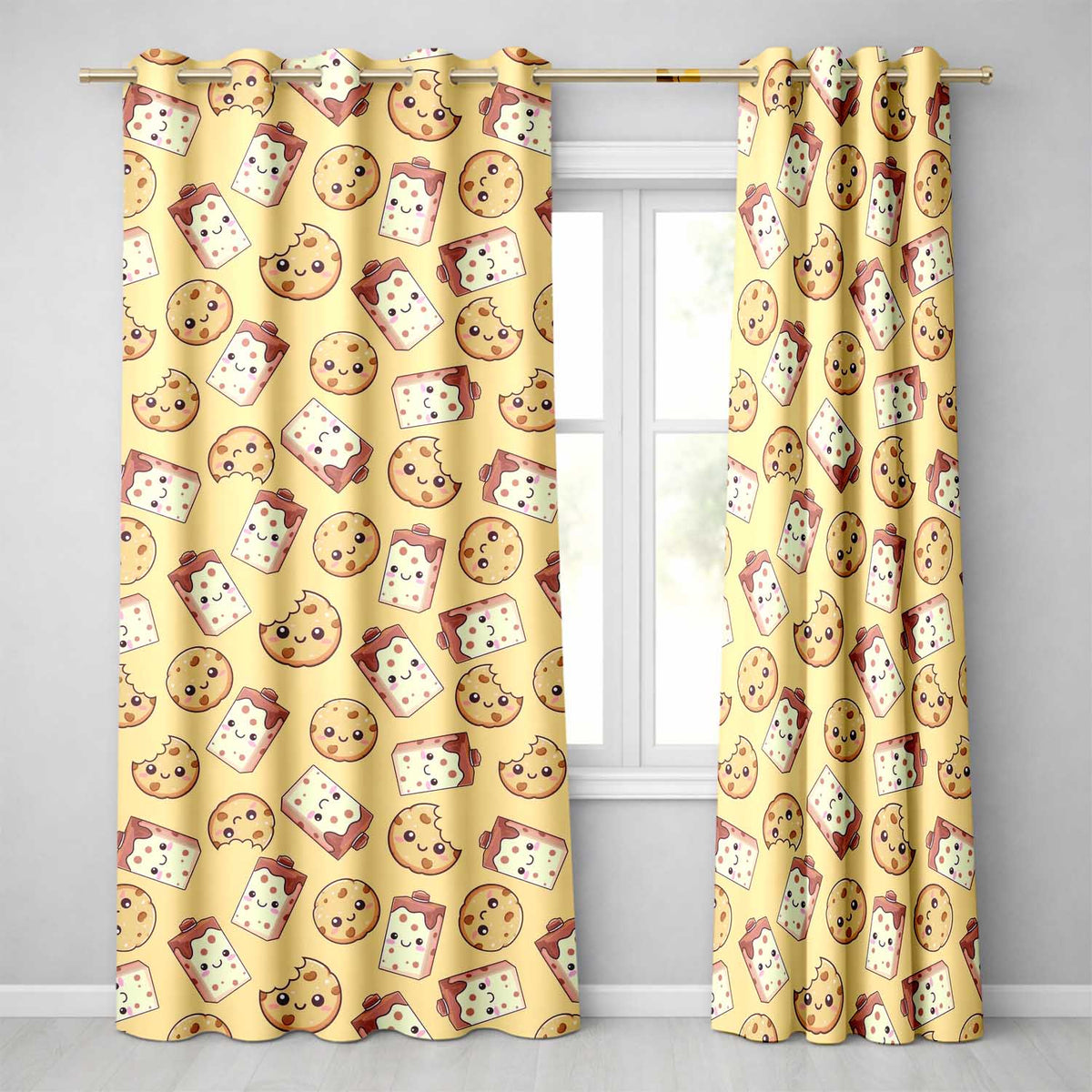 Cute Kawaii Cookies and Milk Cartons on Beige Background Seamless Pattern  Readymade Eyelet Ring Top Thermal 100% Blackout Curtains