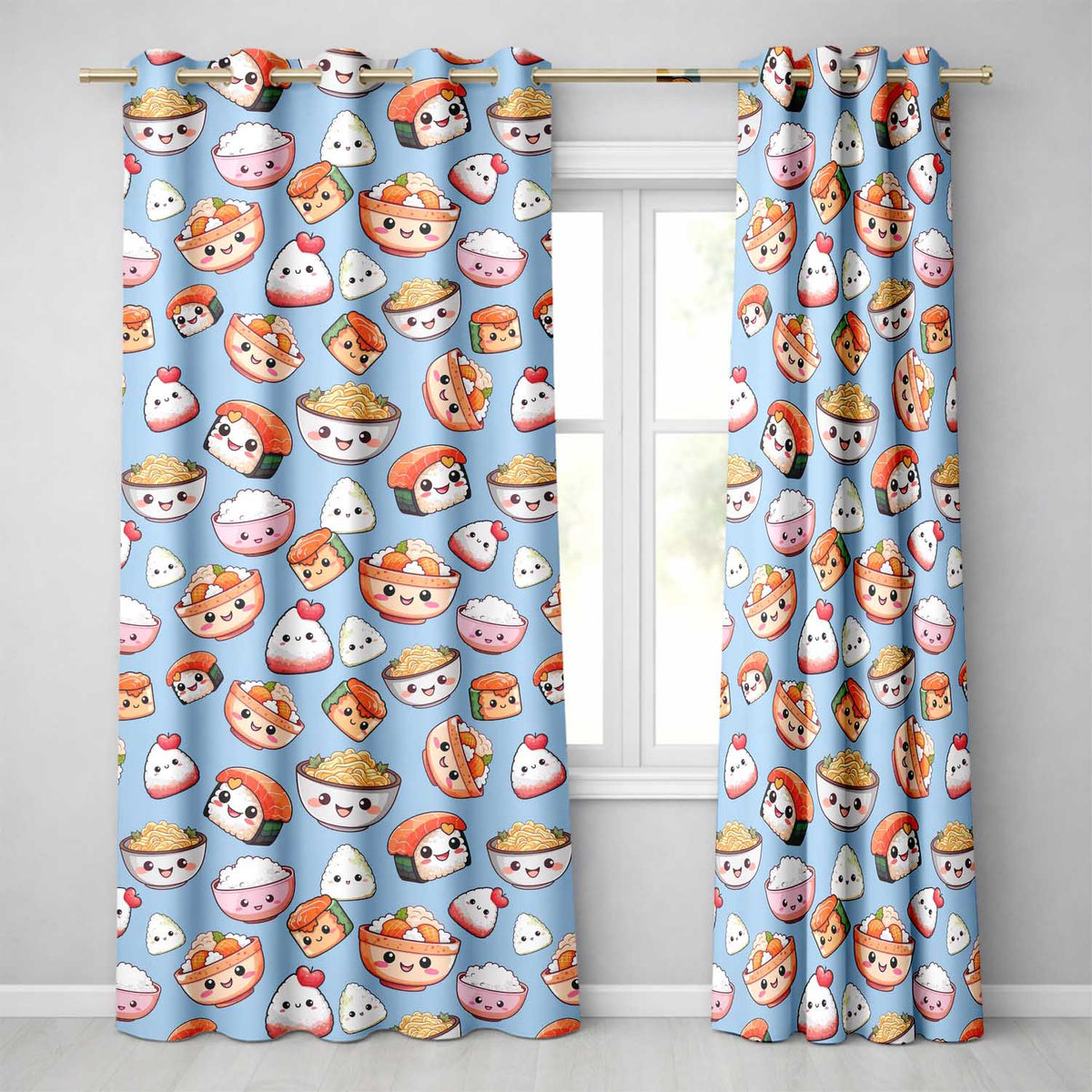 Cute Kawaii Sushi Rice Bowls and Noodles on Blue Background Seamless Pattern  Readymade Eyelet Ring Top Thermal 100% Blackout Curtains