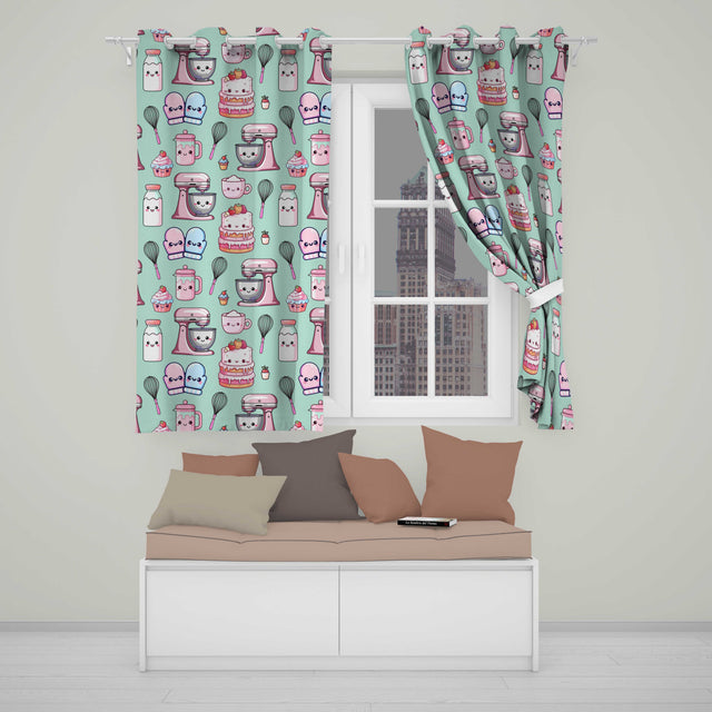 Kawaii Baking Mixer Cake and Cupcake Tools on Mint  Seamless Pattern  Readymade Eyelet Ring Top Thermal 100% Blackout Curtains